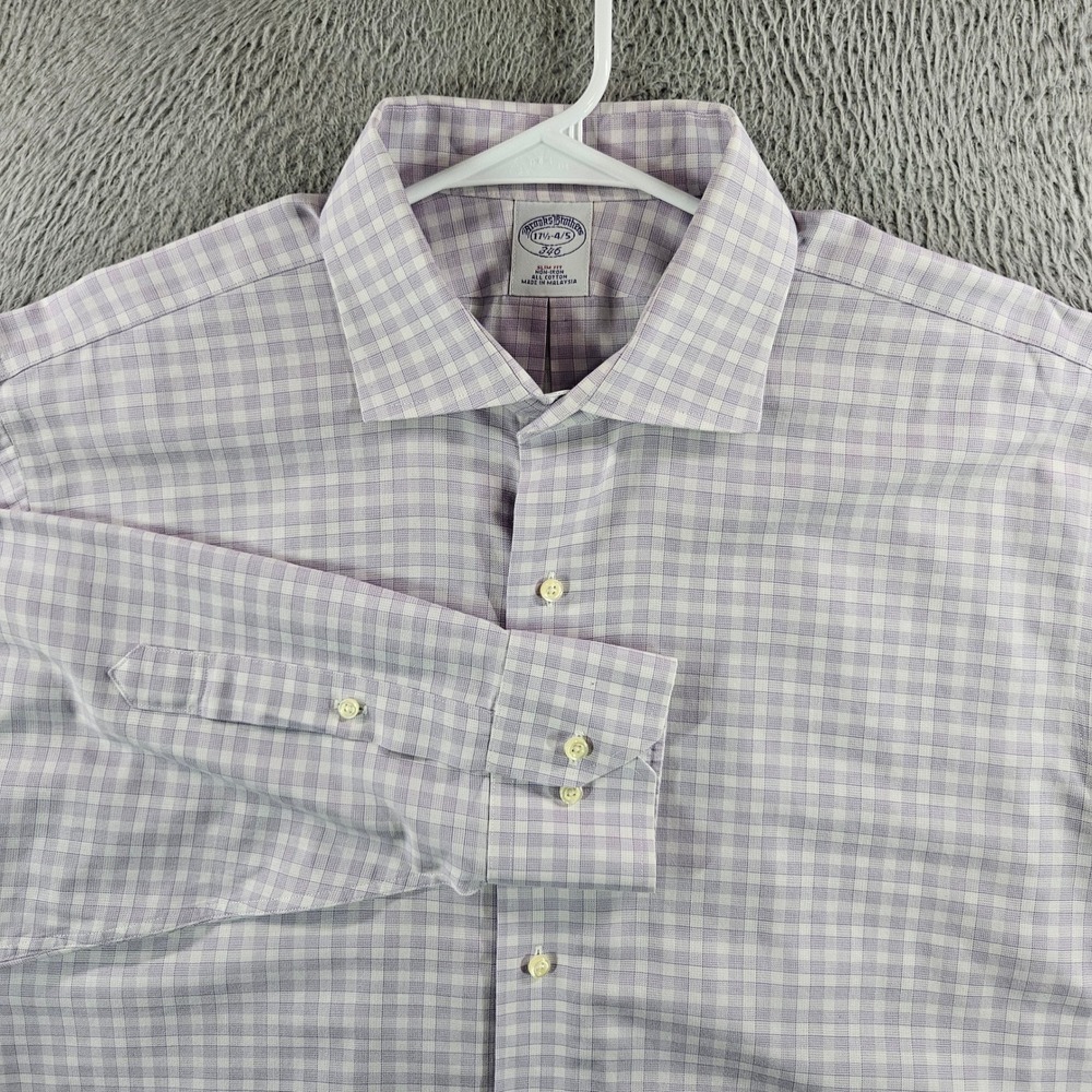 Brooks Brothers 346 Mens 17.5 4/5 Slim Fit Non-Iron Gingham Dress Shirt Purple